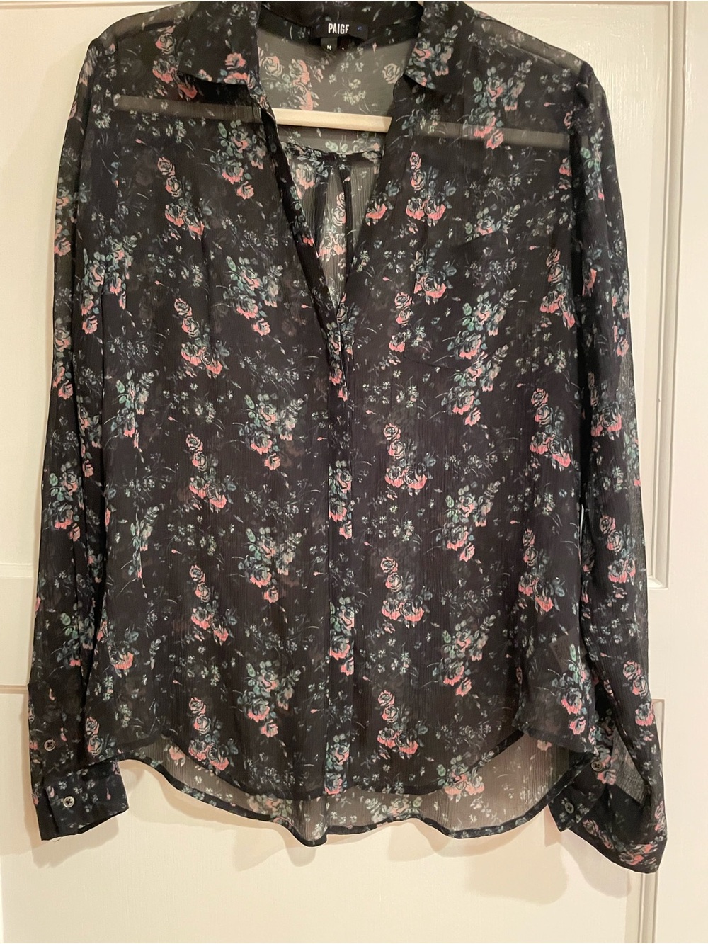PAIGE Black Sheer Floral Button-Down Blouse with Pink and Mint Blooms